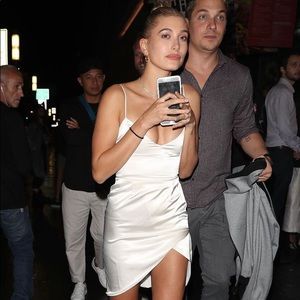 Hailey Baldwin Bieber Meshki Satin mini dress